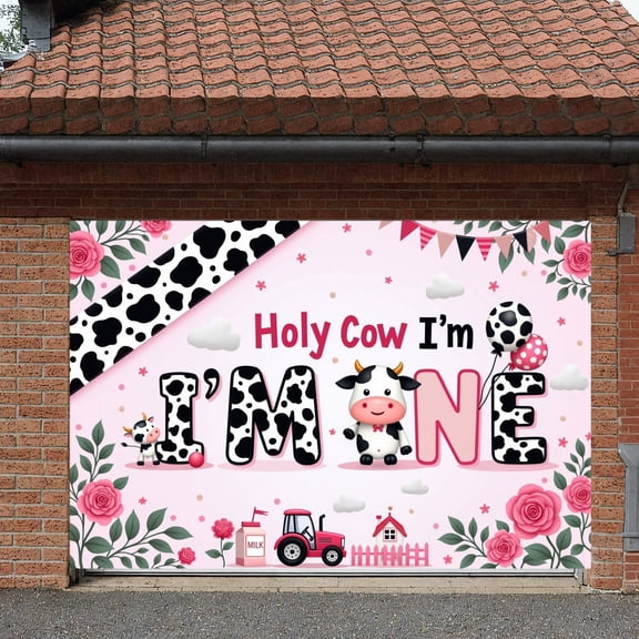 Cow Pattern Holy Cow Banner Pink Background 1st Birthday Display Rose Decor Polka Dot Balloons Cow Theme Backdrop for 1st Birthday Party Kids Birthday Photo Shoot Backdrop