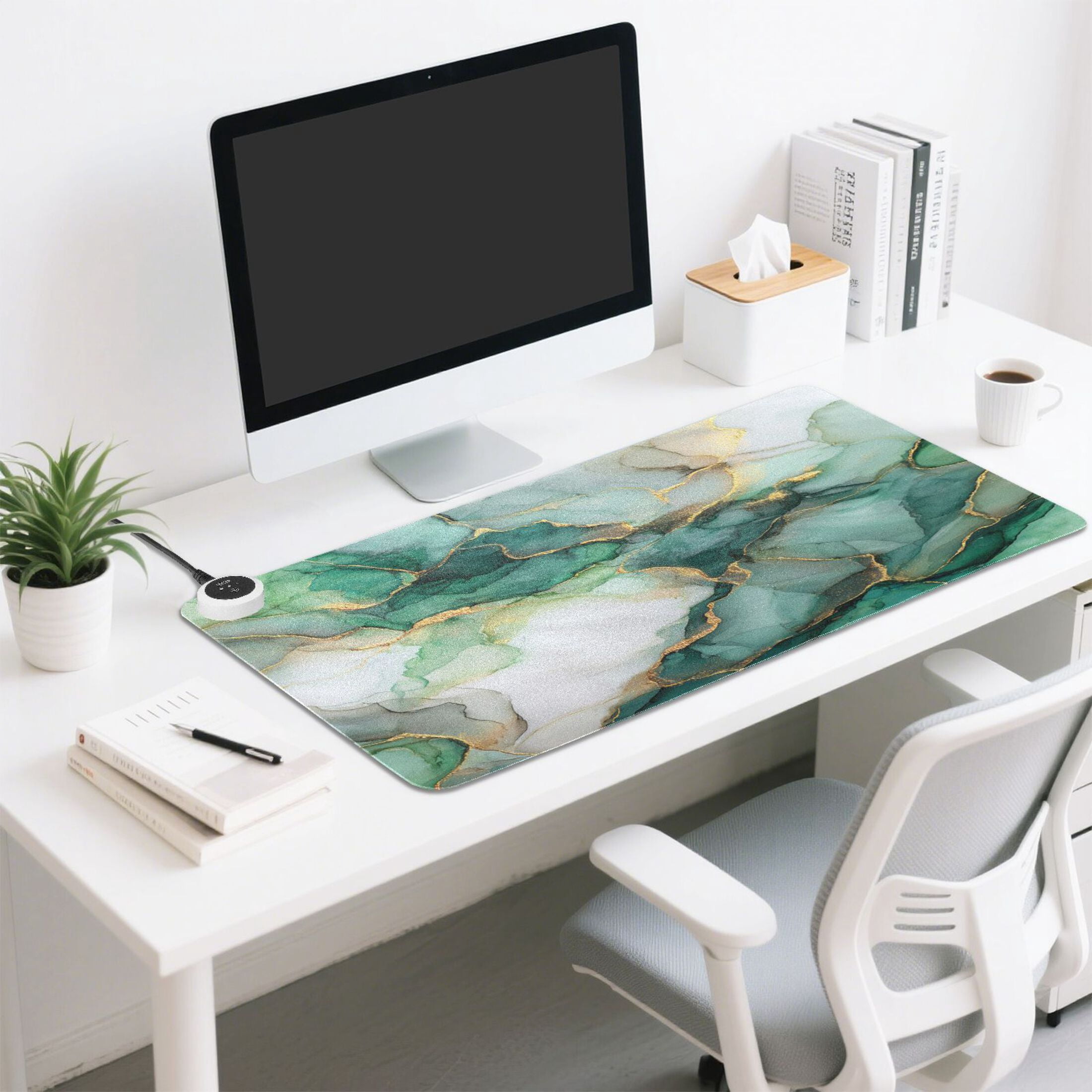 Large Heated Desk Mat Mouse Pad 31.5"x13"PU Leather Graphene Heating Desk Warmer with 3 Temperature Settings 110V US Plug Non-Slip Warm Pad for Home, Office, and Gaming Golden Green Marble Crack