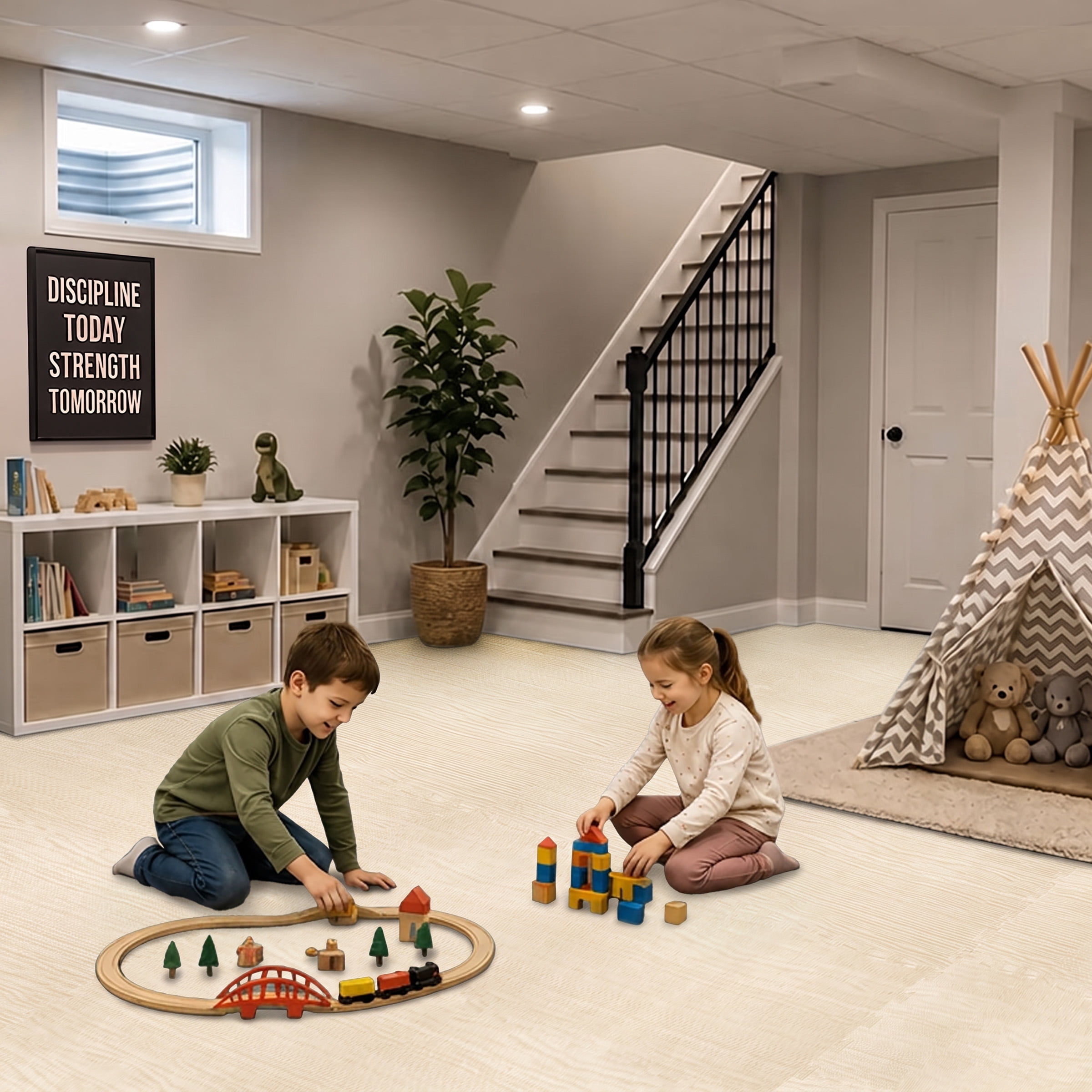 Sorbus Waterproof Wood Grain Foam Floor Tiles, 16 Tiles, 64 Sq Ft, Interlocking, Cream