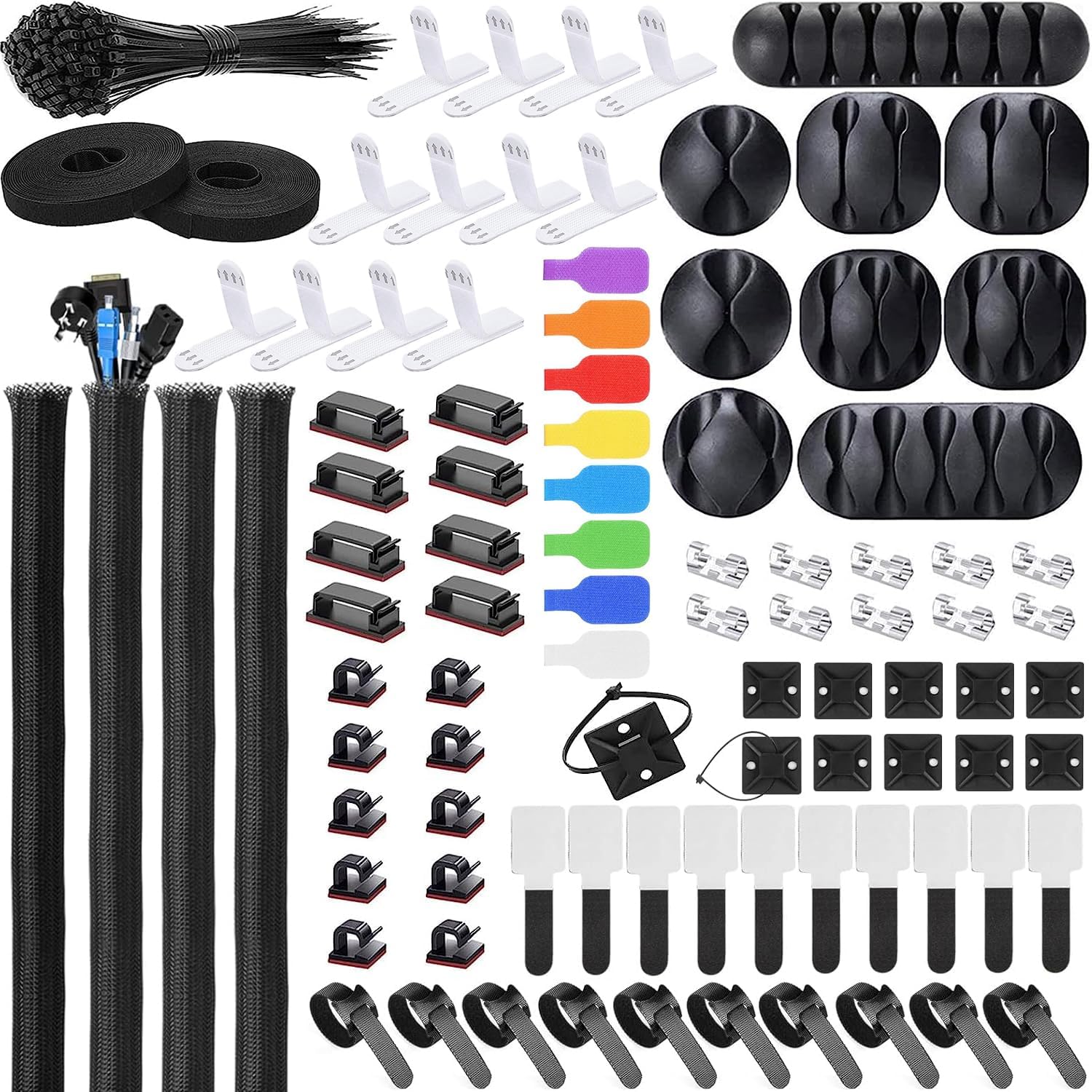RGHJAR-Cable Management Kit - 4 Cable Sleeve, 57 Self Adhesive Cable Clips, 12 Hanging Strips, 12 Cable Organizer Straps and 100 Fastening Cable Ties for TV Computer Under Desk (Black and White)
