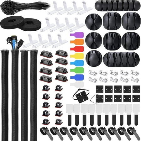 Cable Management Kit - 4 Cable Sleeve, 57 Self Adhesive Cable Clips, 12 Hanging Strips, 12 Cable Organizer Straps and 100 Fastening Cable Ties for TV Computer Under Desk (Black and White)