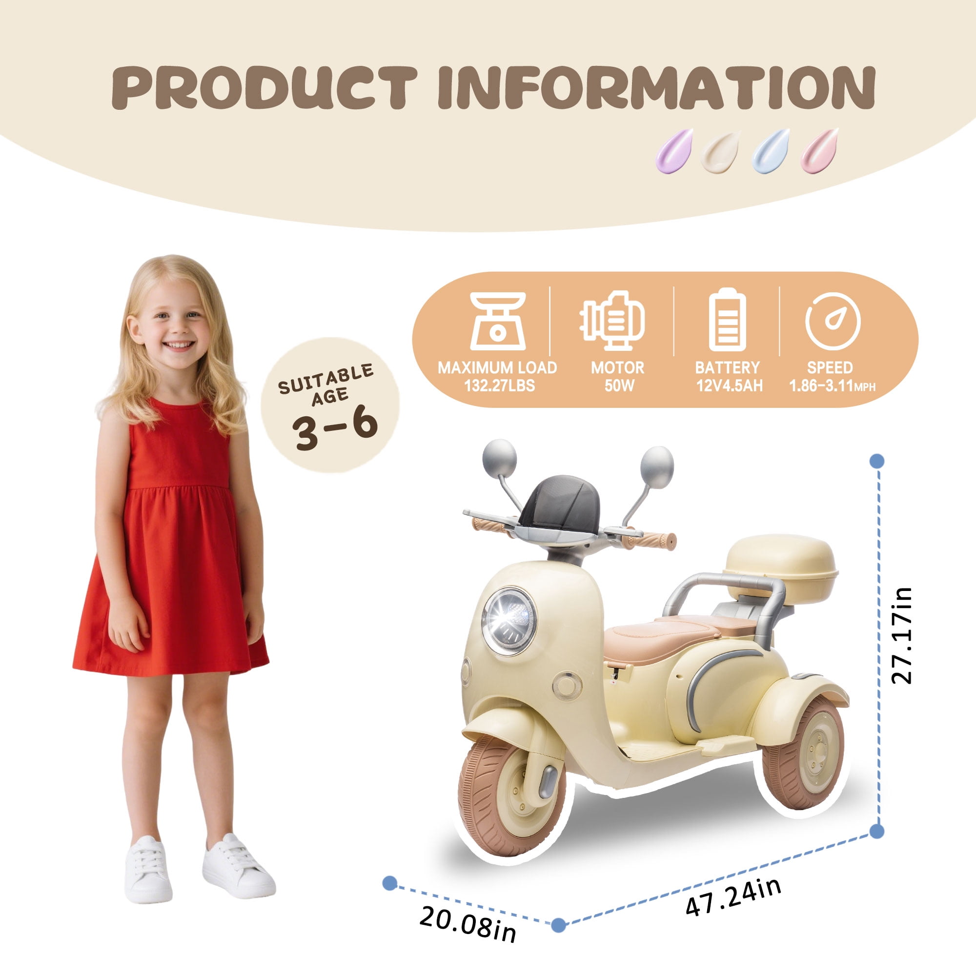 Xuanlur 12V Kids Electric Motorcycle, 3 Wheel 2 Seater Ride on Motorcycle w/Remote Control, 25W*2 Motors Electric Motorcycle w/Big Storage Box, Music, Horn, Light, Ride on Toys for Kids 3-8, Beige