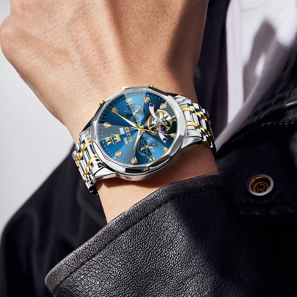 OLEVS Automatic Watches for Men Luxury Dress Waterproof Self Winding Mechanical Moon Phase Chronograph Stainless Steel Luminous Diamond Date Skeleton Tourbillon Wristwatch for Men Reloj Para Hombre
