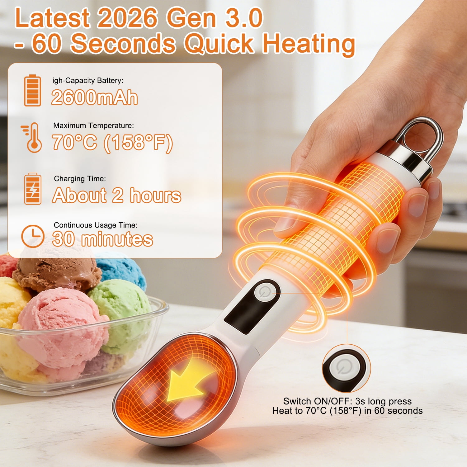 Heated Ice Cream Scoop with Switch, Electric Rechargeable Ice Cream Scooper with LED Display & Detachable Battery, Heats to 158°F in 60s