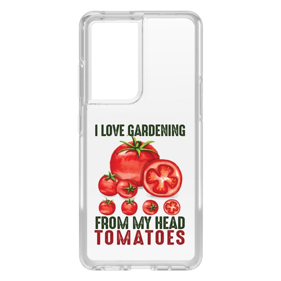 DistinctInk Clear Shockproof Hybrid Case for Galaxy S21 ULTRA 5G (6.8" Screen) - TPU Bumper Acrylic Back Tempered Glass Screen Protector - I Love Gardening from My Head Tomatoes