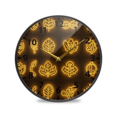 Neon Icons Leaves Wall Clock Modern Decor Acrylic Clock Golden Hands 9.5in