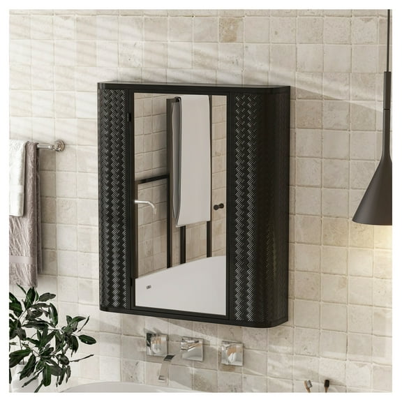 Wall-Mounted Bathroom Cabinet with Mirror, Metal Framed Mirrored Door Medicine Cabinet, 2 Inner Shelves for Storage, Modern Farmhouse Style, Over Toilet or Vanity Organizer   Mirror Included， Black