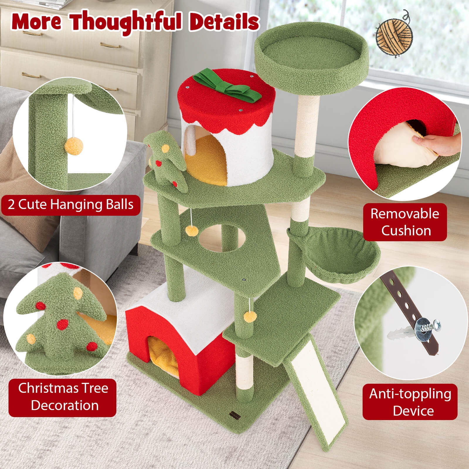 Infans 61" Tall Christmas Cat Tree w/ Sisal Scratching Posts Plush Perch & 2 Condos