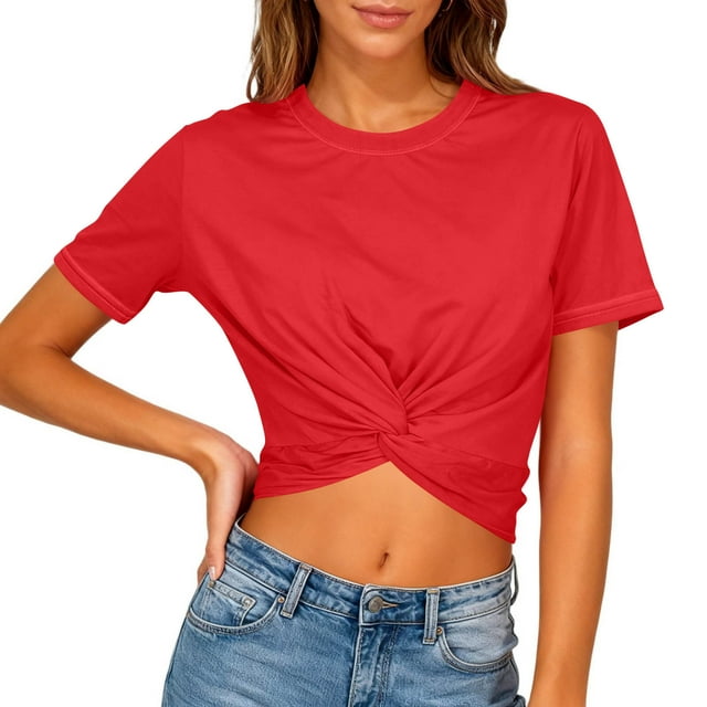 HongQid Blouse d'Été Décontractée à Manches Courtes pour Femme, Col Rond, Crop Top, devant Torsadé, Dos Nu, T-Shirt