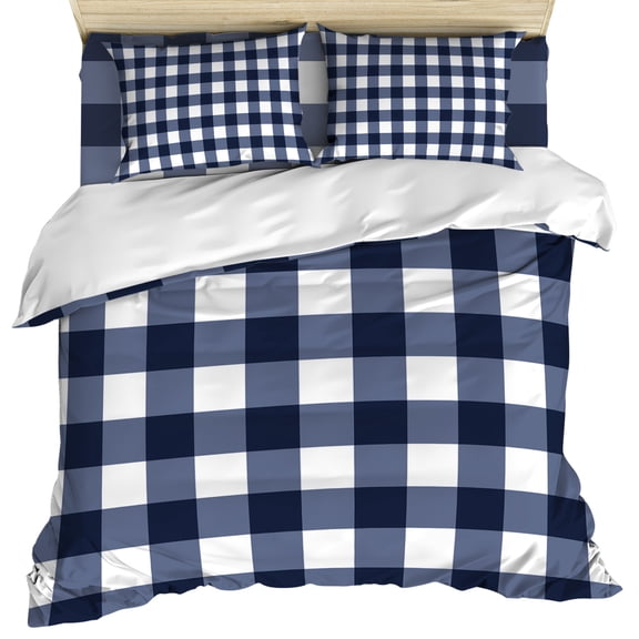 Navy Blue Check Duvet Cover Set, Farmhouse Buffalo Plaid Blue Soft Duvet Cover Full Size Bedding Set 4 Pieces, 1 Quiltcover and 2 Pillowcases with Zipper, 1 Bed Sheet for All Seasons