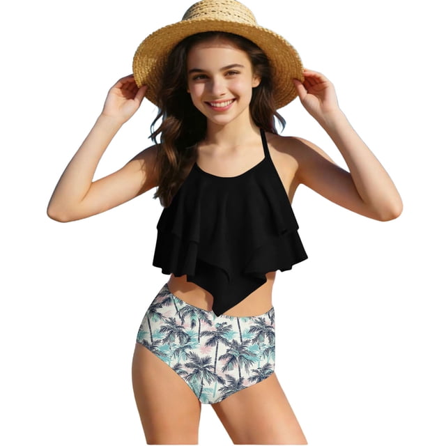 RXMEKW Swimsuit for Girls Split Color Splicing Two-Piece Set with Ruffle Trim for Kids Beach Pool and Summer Vacation Activities