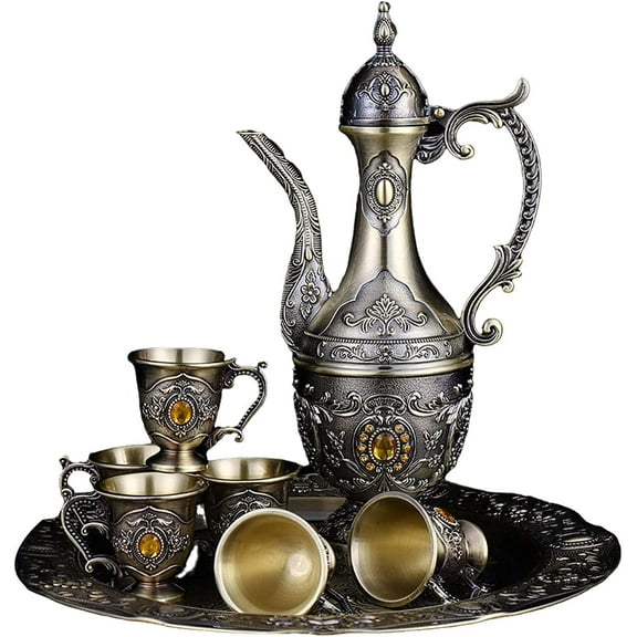 Vintage Turkish Coffee Pot and Cups Set,Tea Service Set Including Teapot,Tea Tray and Metal Cups for Wine Cabinet Decor,Wedding Ornaments (Bronze with Yellow Crystal)