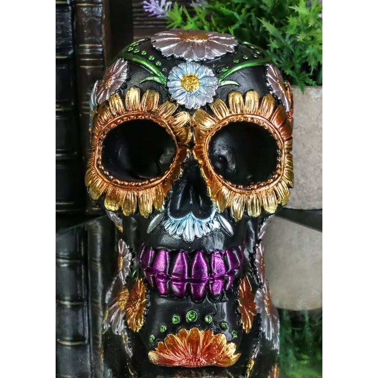 Black Day of The Dead Colorful Floral Blooms Sugar Skull