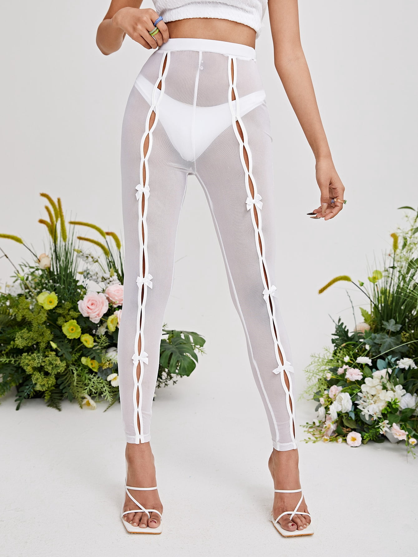 White Women's High Waist Bow Front 