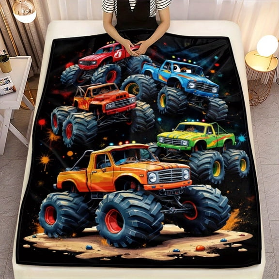 Monster Truck Blanket Heavy-Duty Design, Soft Warm Flannel Fabric All-Season Bedspread for Boys Bedroom, Living Room, Camping, Travel Gift