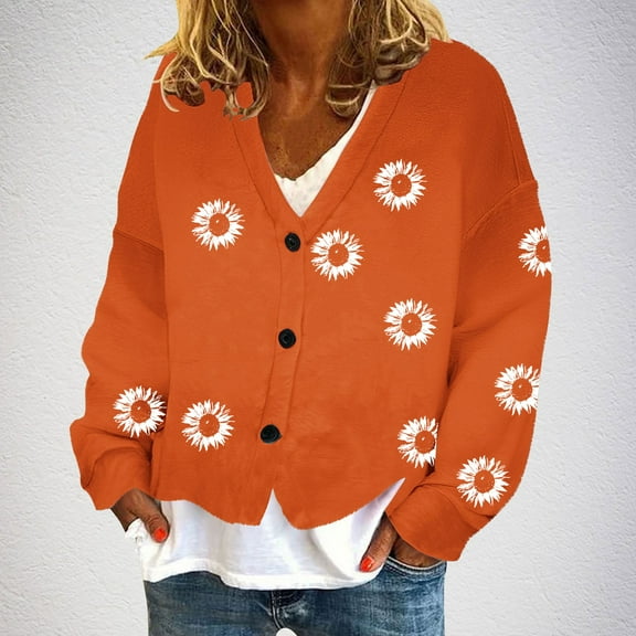 BLTIBY Womens Flannel Cardigan Jacket Printed Button Down V Neck Fall Sweaters Open Front Warm Casual Sweater Coat Orange S