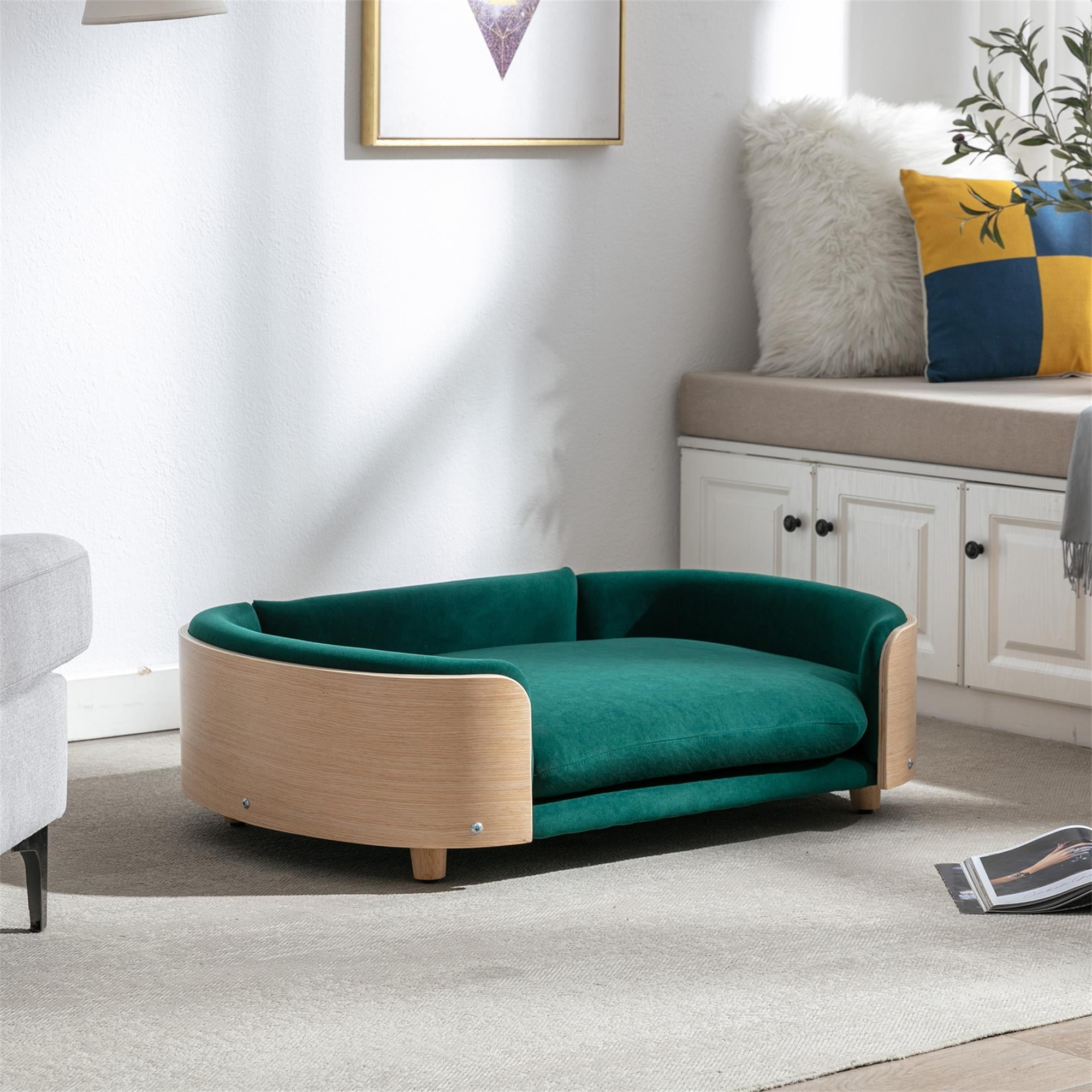 Pefilos 38" Elevated Dog Bed Pet Sofa with Solid Wood Legs and Bent Back, Cat Sofa Bed Velvet Cushion Couch Furniture, Green Pefilos 38" Elevated Dog Bed Pet Sofa with Solid Wood Legs and Bent Back, Cat Sofa Bed Velvet Cushion Couch Furniture, Green