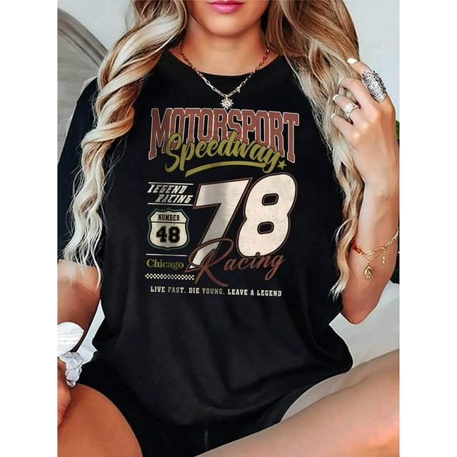 Camiseta de mujer Trajes de verano Traje Camiseta de cuello redondo para viajes de compras deportivas Creative English Number 78 Pattern Printed Women'S Fashionable Round Neck Short Sleeve, Simple