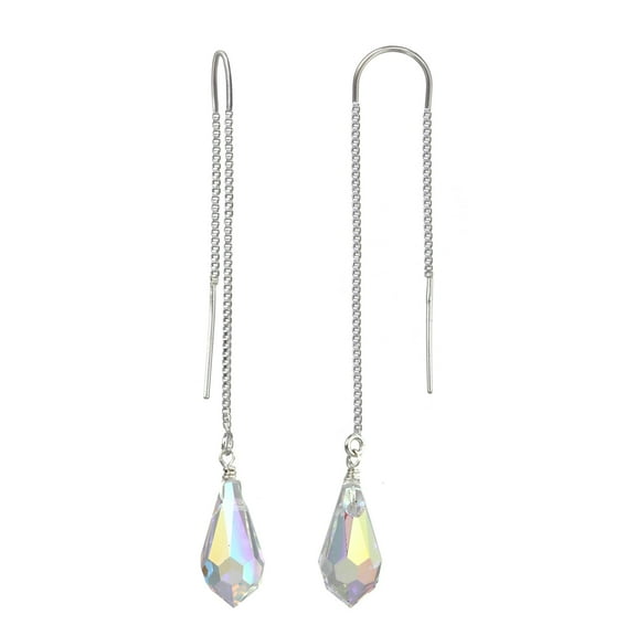 LTC Designs Sterling Silver Box Chain Threader Earrings with Austrian Crystal Aurora Borealis for Adults