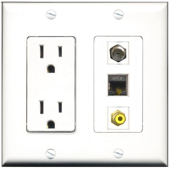 RiteAV - 15 Amp Power Outlet 1 Port RCA Yellow 1 Port Coax 1 Port Shielded Cat6 Ethernet Ethernet Decorative Wall Plate