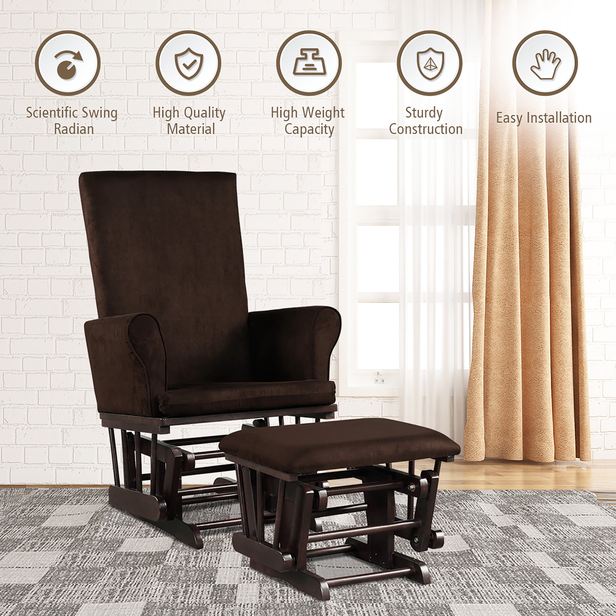 Costway Baby Nursery Relax Rocker Rocking Chair Glider & Ottoman Set w/Cushion Brown