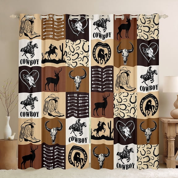 Homewish Teens Western Cowboy Black Out Curtains,Geometric Plaid Curtains Pack of 2 (42x63 Each),Exotic Style Bedroom Curtains,Lightweight Room Decor