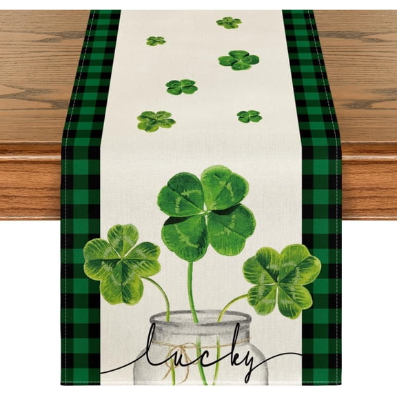 Moderong Lucky Shamrock Vase St. Patrick''s Day Table Runner, Spring Green Black Buffalo Plaid Holiday Kitchen Dining Table Decoration for Home Party Decor 13 x 48 Inch