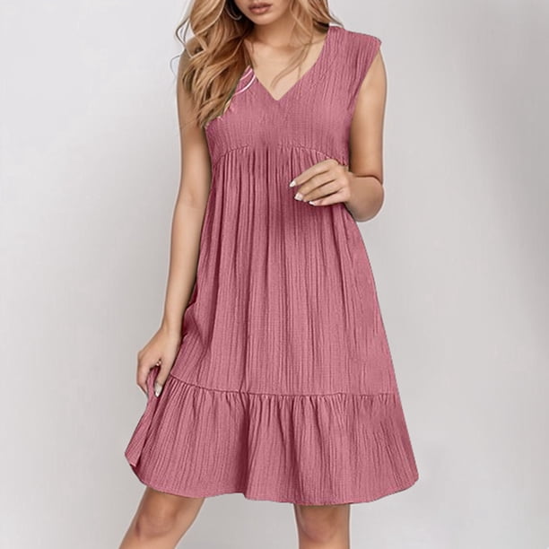 WILLBEST Vestidos Primavera Verano 2025 Vestido De Verano Para Mujer Sin Mangas Cuello En V Mini Vestidos De Moda Casual Fluido Boho Volantes Línea A Swing 2025