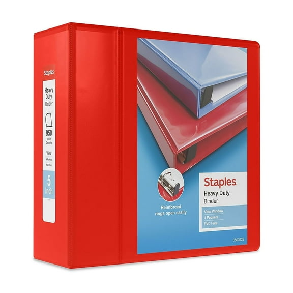 Staples Heavy Duty 5" 3-Ring View Binder with D-Rings and Four Interior Pockets Red  2/Pack