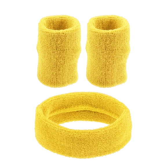 Unique Bargains 3 pcs Sports Headband Wristband Cotton Blend Sweat Absorbing Head Band Yellow for Women