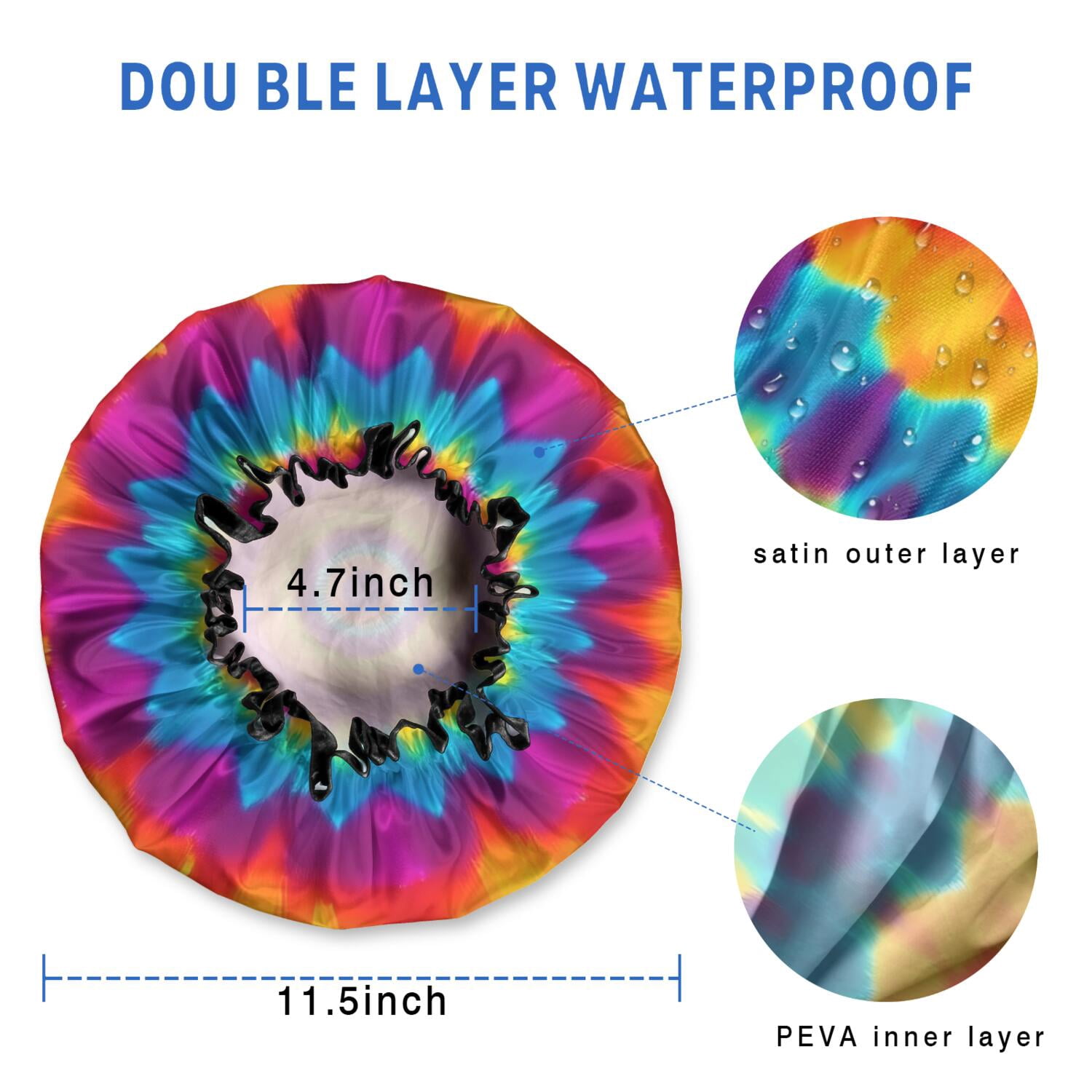 Shower Caps,Colorful Rainbow Tie Dye Spiral Pattern Waterproof Shower Cap for Women 4 Pieces,Double Reusable Hair Cover for Shower PEVA Elastic Stretch Hem