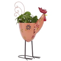 DecMode 19" x 20" Pink Metal Rooster Planter with Floral Pattern Planter