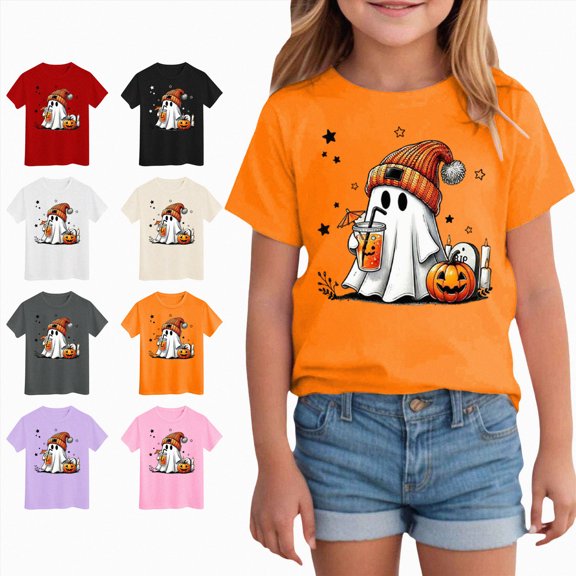 Nwiuh Toddler Baby Girl Halloween Shirt Cute Ghost Pumpkin T-Shirt for Kids Short Sleeve Tee Fall Tops (Purple, 11-12 Years)