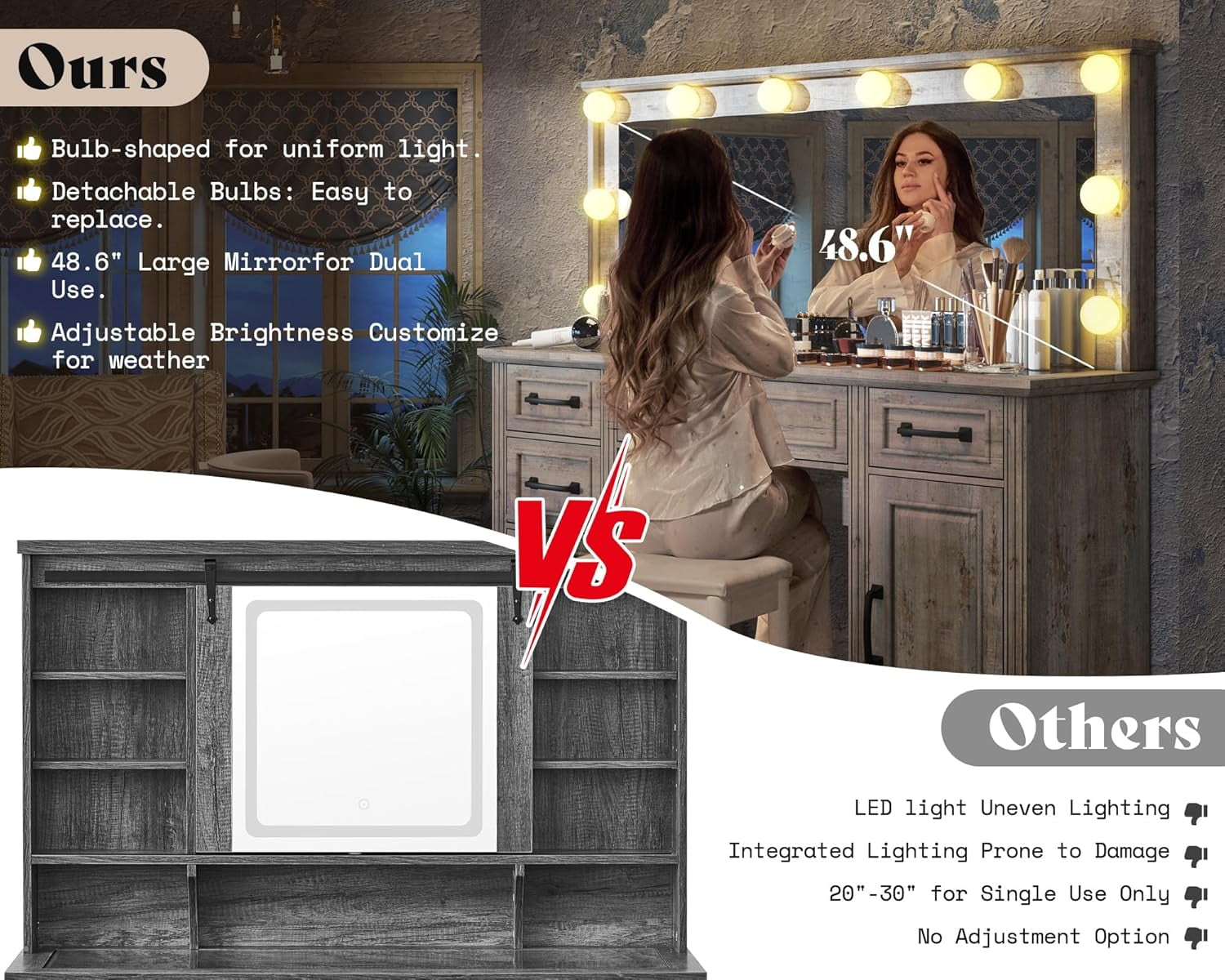 Merluxy Makeup Vanity with Mirror & Lights,Glass Top Vanity with 5 Drawers & Charging Station,Grey