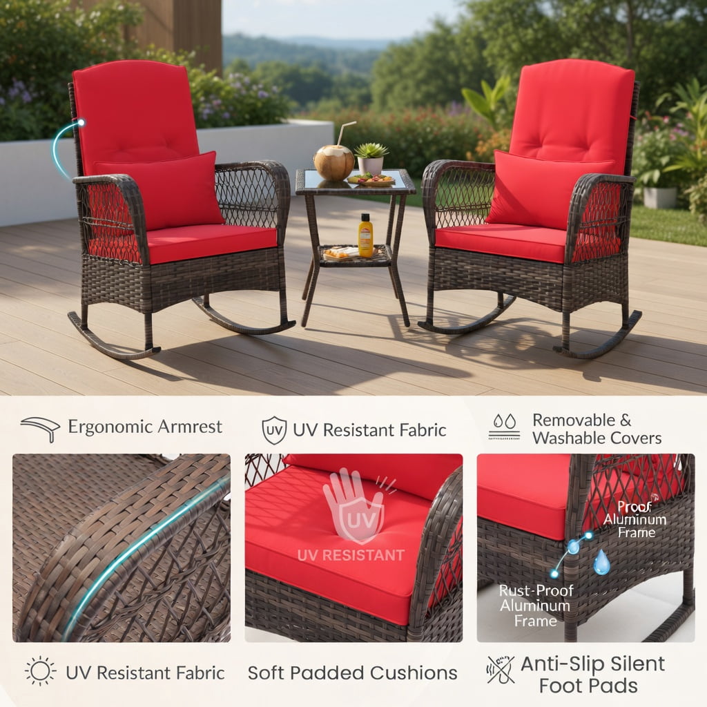 Hommoo 3-Piece Rocking Bistro Set with 2-Tier Tempered Glass Coffee Table, PE Rattan Outdoor Chairs, Red
