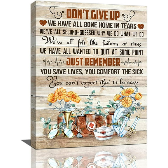 Inspirational Wall Art Nurse Cap Injector Flower Picture Painting Gifts for Nurse Medical Staff Team Motivational Quotes Don''t Give Up Framed Canvas Prints Modern Office Artwork Decor 12"x16"