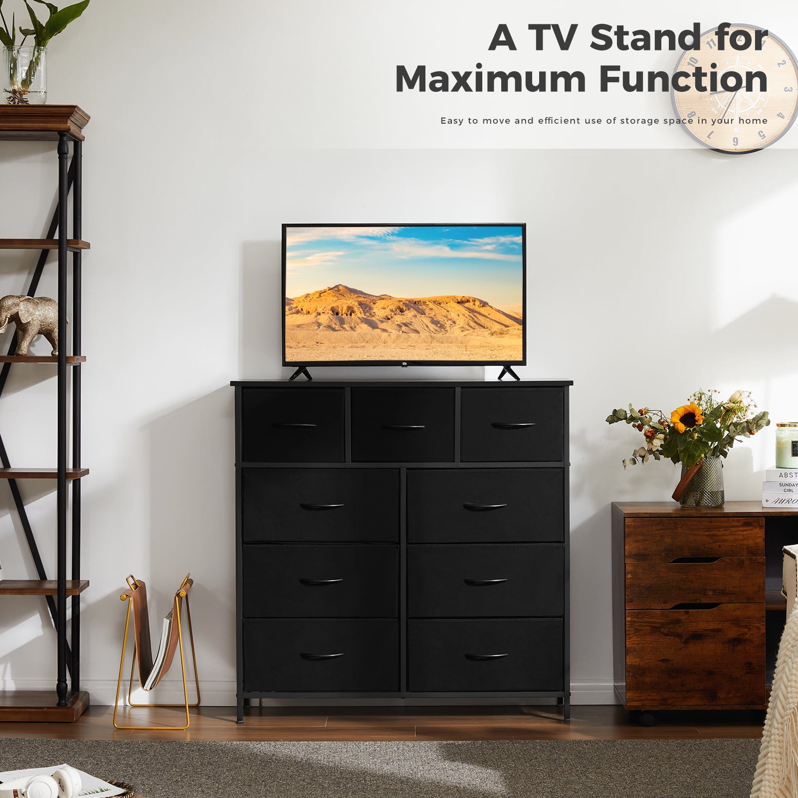 Aidoly 9-Drawer Dresser with Wooden Top, Adjustable Feet, Sturdy Metal Frame Dressers for Bedroom, Living Room, Black