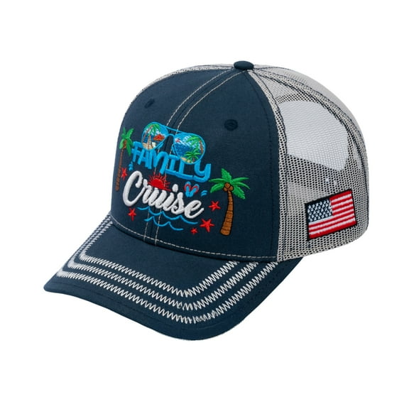 Unisex Embroidered Family Cruise, Traveling, 6-Panel Trucker Hat, Navy/Beige, Zig Zag, Adjustable Fit