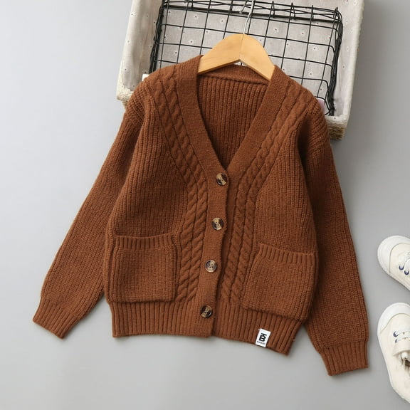 dazeni Boy's V Neck Sweater Cardigan Fashion Button Up Cable Knitted Sweater Coats with Pockets Fall Winter Long Sleeve Sweater Outwear Brown 9 Years