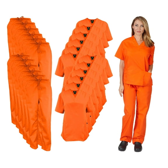 M&M SCRUBS Women Scrub Set V-Neck Medical Scrub Tops and Drawstring Pants - Pack of 12 Set (Orange, XX-Small)