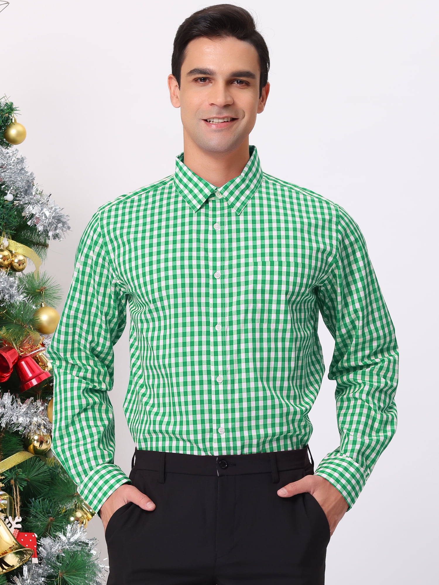 Unique Bargains Men's Plaid Button Down Long Sleeves Dress Checkered Shirts XL Green White