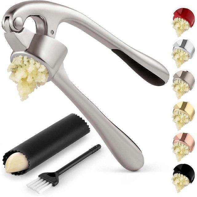 Premium Kitchen Garlic Press with Soft, Easy-Squeeze Handle - Includes Silicone Garlic Peeler and Cleaning Brush - 3 Garlic Mincing Tools - Sturdy, Ea