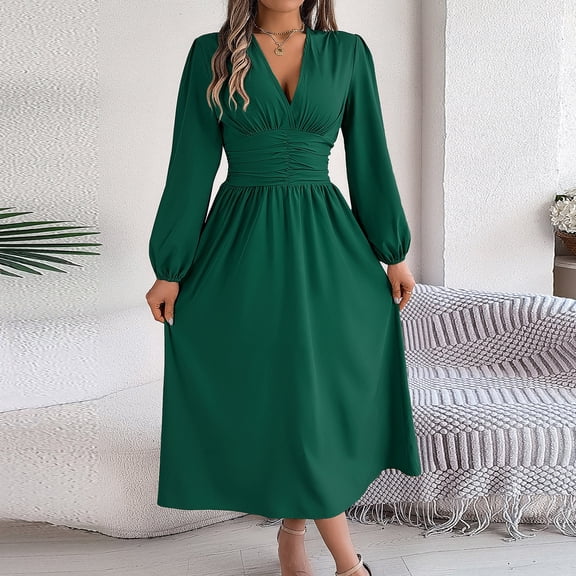 Womens Wrap V Neck Formal Dresses Wedding Guest Casual Pleated Elegant Long Sleeve Midi Dress Smocked Waisted Long Dress Green M