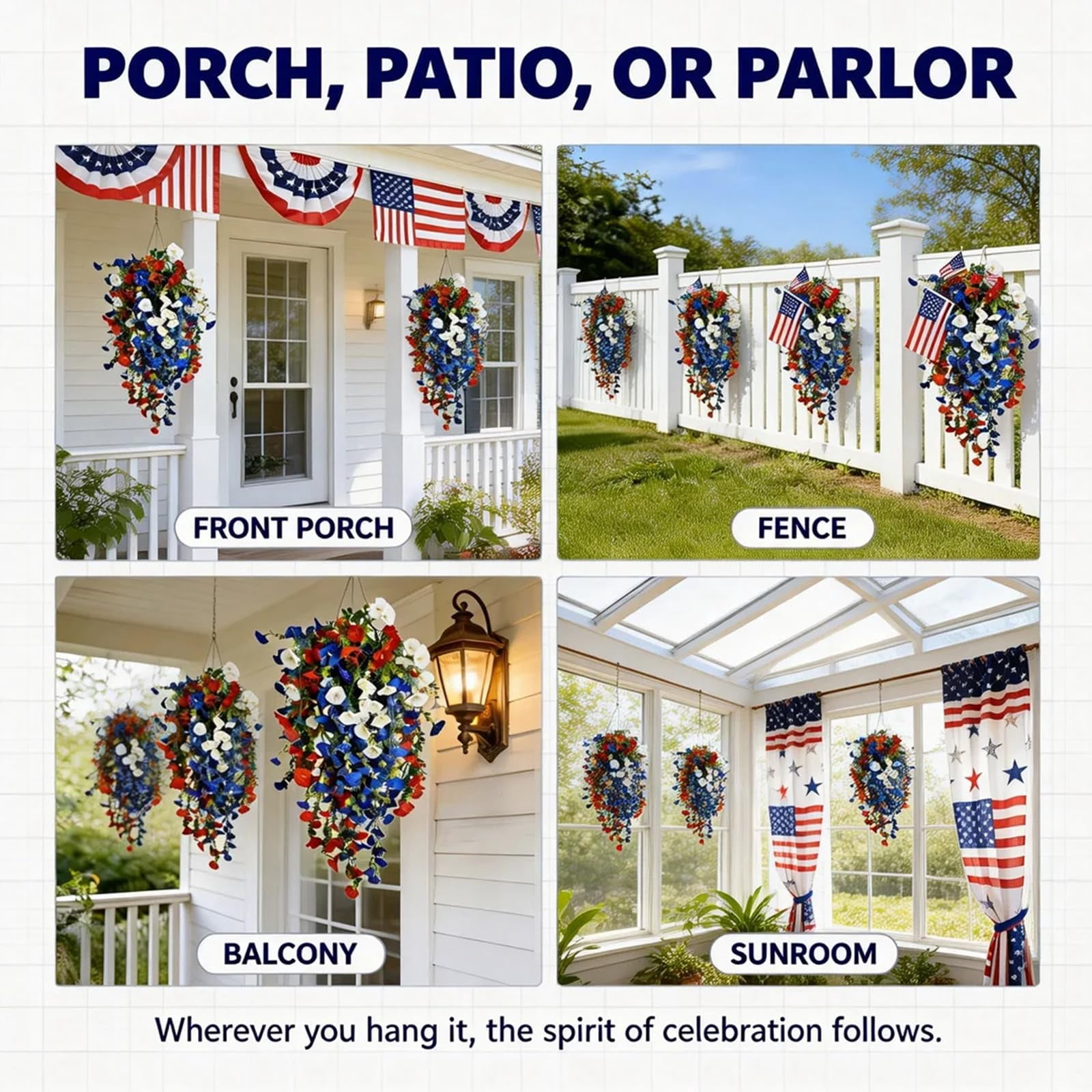 Patriotic Hanging Flower Baskets, 4th of July Decoration Tricolor Patriotic Artificial Flower, Large Hanging Baskets with Artificial Flowers Red White Blue, for Porch, Yard, Table
