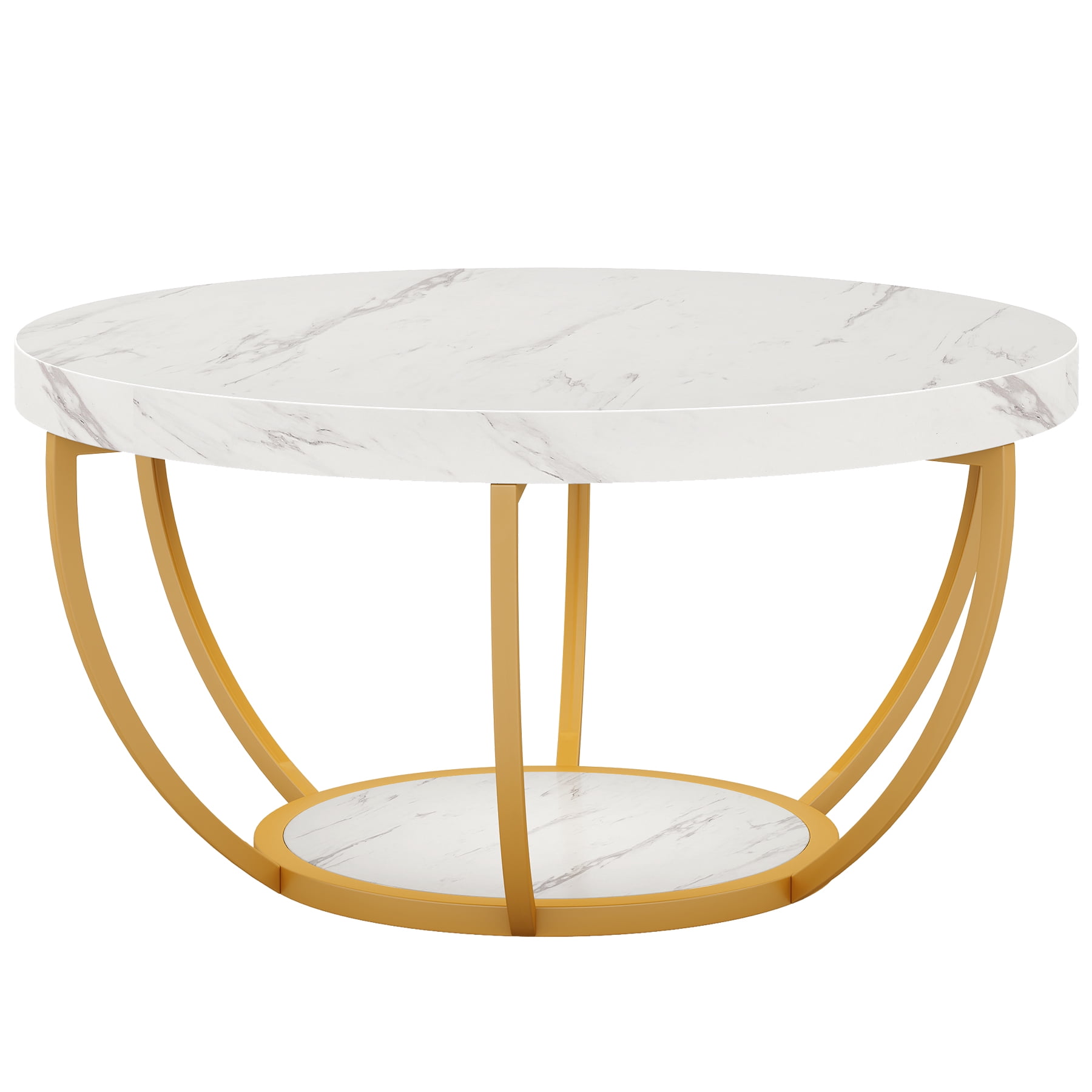 Fnova Coffee Table with 2 - Tier Storage, 32" Round Coffee Table with Metal Legs, Modern Rustic Style Center Table for Living Room, White and Gold