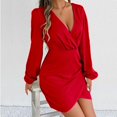thumbnail image 2 of Oksale Cross V Neck Mini Dresses for Women Trendy Long Sleeve Winter Dress Sexy Cozy Soft Wedding Party Satin Dresses for Holiday Red M, 2 of 9