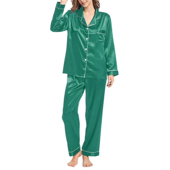 IDALL Womens Pajama Sets Pajamas for Women Set Silk Pajamas for Women Silk Like Long Sleeve Set Two Sleepnightloungesets Womens Pajamas Womens Loungewear Set Green 5XL