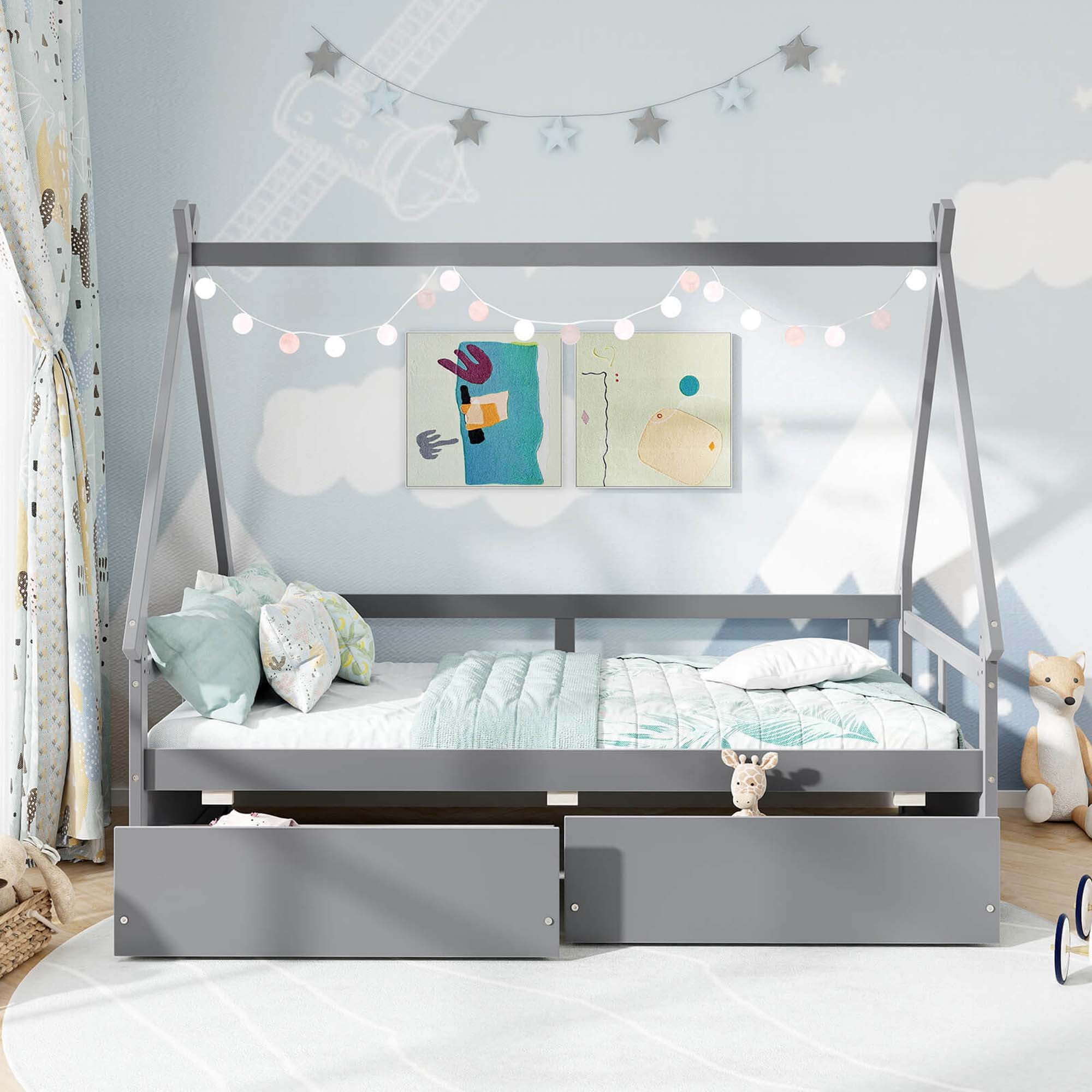 Costway Twin Size House Bed with Roof Safety Guardrail 2 Storage Drawers Wood Slat Support Gray