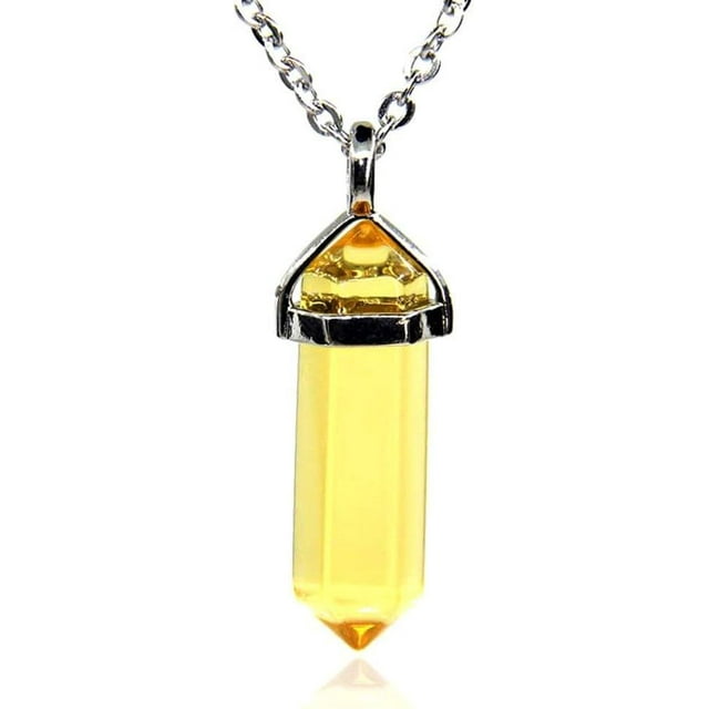 Collier Pendentif Reiki Chakra Hexagonal à Pointe Pointue en Citrine de Verre Synthétique 20 Pouces