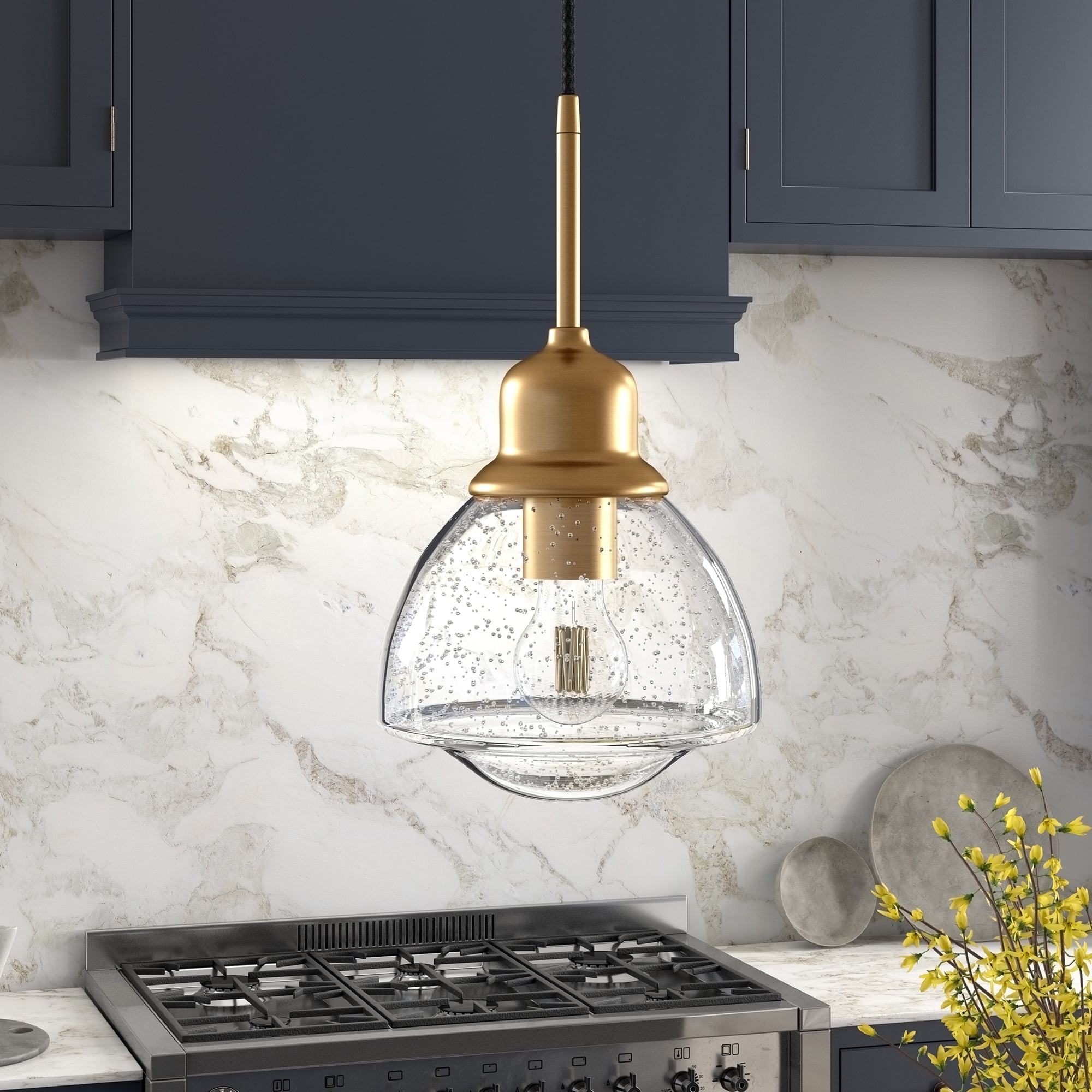 Evelyn&Zoe 8" Brass Metal/Glass Pendant